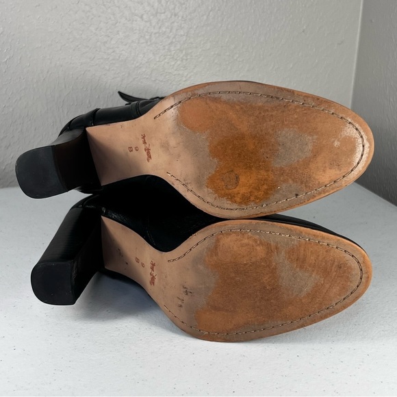 Coach Womens 9 Alexandra Black Leather Mid Calf Heeled Boots Buckle Booties - Picture 10 of 13